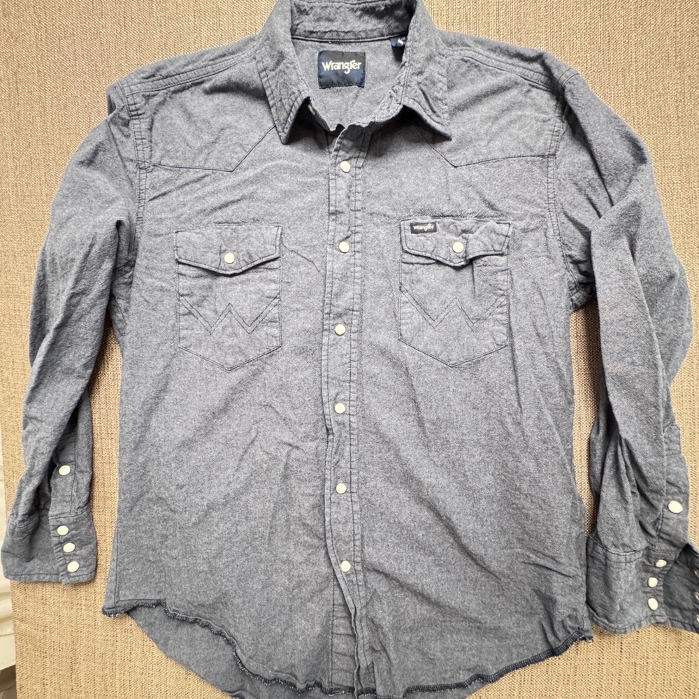 Wrangler Mens Gray Western Snap Long Sleeve Chambray Shirt Large L Cowboy Yoke